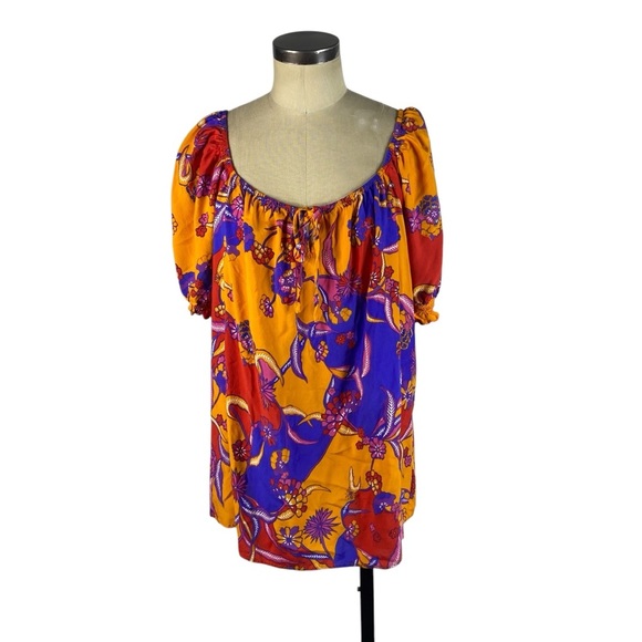 ModCloth In All My Vibrance Peasant Blouse Top 2X Orange Blue Multi Bali Floral - Picture 2 of 8